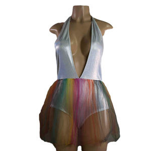 Rave Plunging Metalic Bodysuit w/Mesh Rainbow Tutu